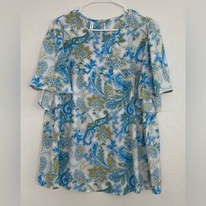 Dokotoo Women Blouse Large Vibrant Blue/Olive Green Bohemian Paisley Blouse